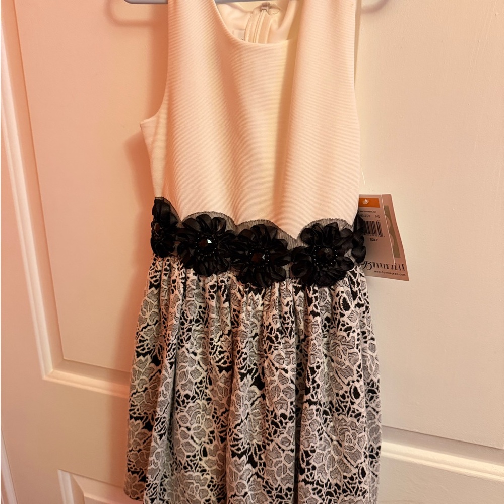 Bonnie Jean Cream and Black Floral Lace Dress